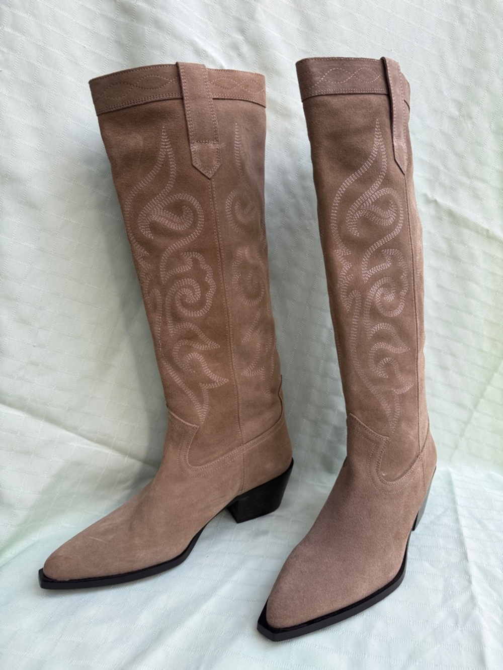 New Zara Taupe Suede Knee-High Western Boots